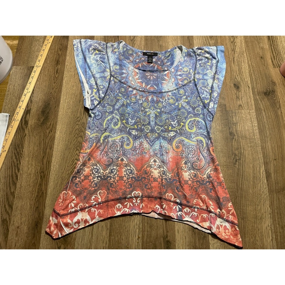 Style&Co. Shirt, Women's Size Small, Blue White Red, Paisley, Short Sleeve